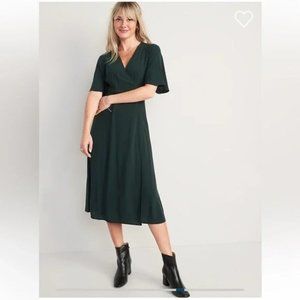 NWT Old Navy Waist-Defined Flutter-Sleeve Midi Wrap Dress XL Dark Bottle Green